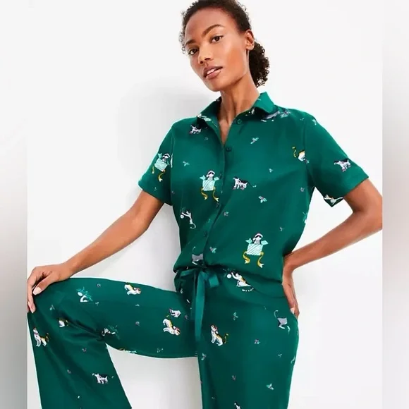 LOFT flannel kitten Cat Christmas pajamas Medium Green short sleeve pants button - Picture 1 of 16